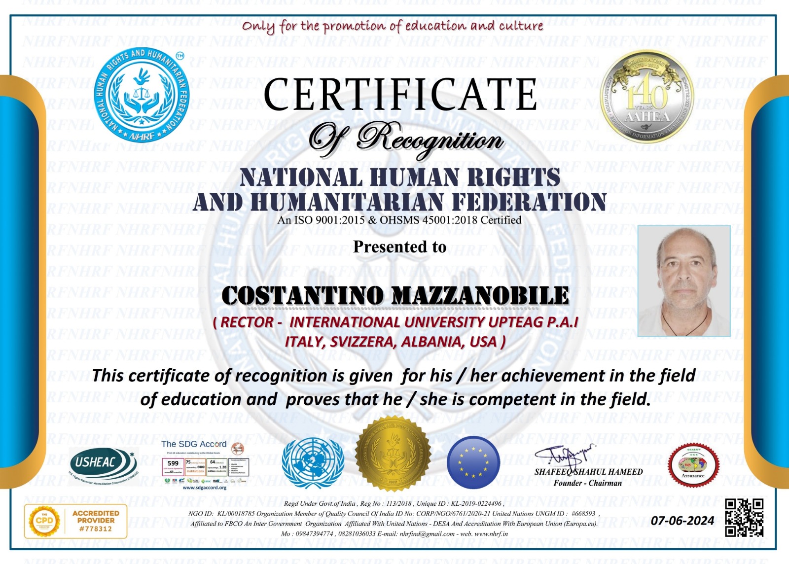 Certificate of Recognition — NHRF (come dichiarato dall'interessato)