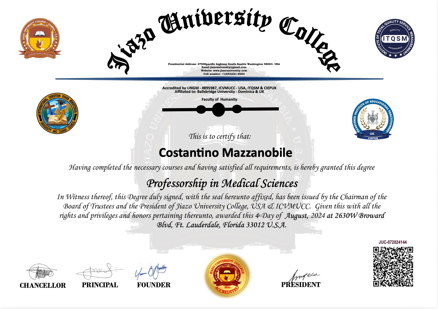 Professorial License Certificate of Appointment — Full Professor, Department of Medicine, Lawrence Bible University Institute (come dichiarato dall'interessato)
