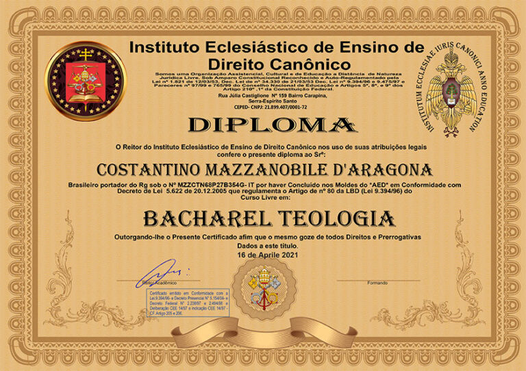 Diploma Bacharel em Teologia — Instituto Eclesiástico de Ensino de Direito Canônico (come dichiarato dall'interessato)