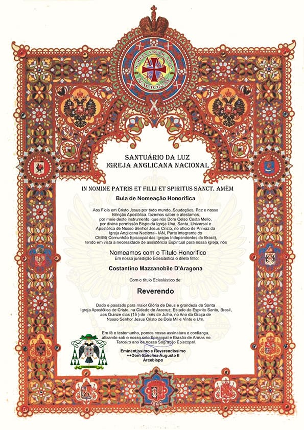 Bula de Nomeação Honorífica — titolo di Reverendo, Igreja Anglicana Nacional (come dichiarato dall'interessato)
