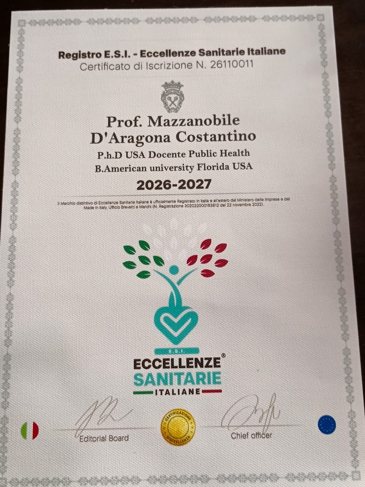 Registro E.S.I. — Eccellenze Sanitarie Italiane, Certificato di Iscrizione N. 26110011, 2026-2027 (come dichiarato dall'interessato)