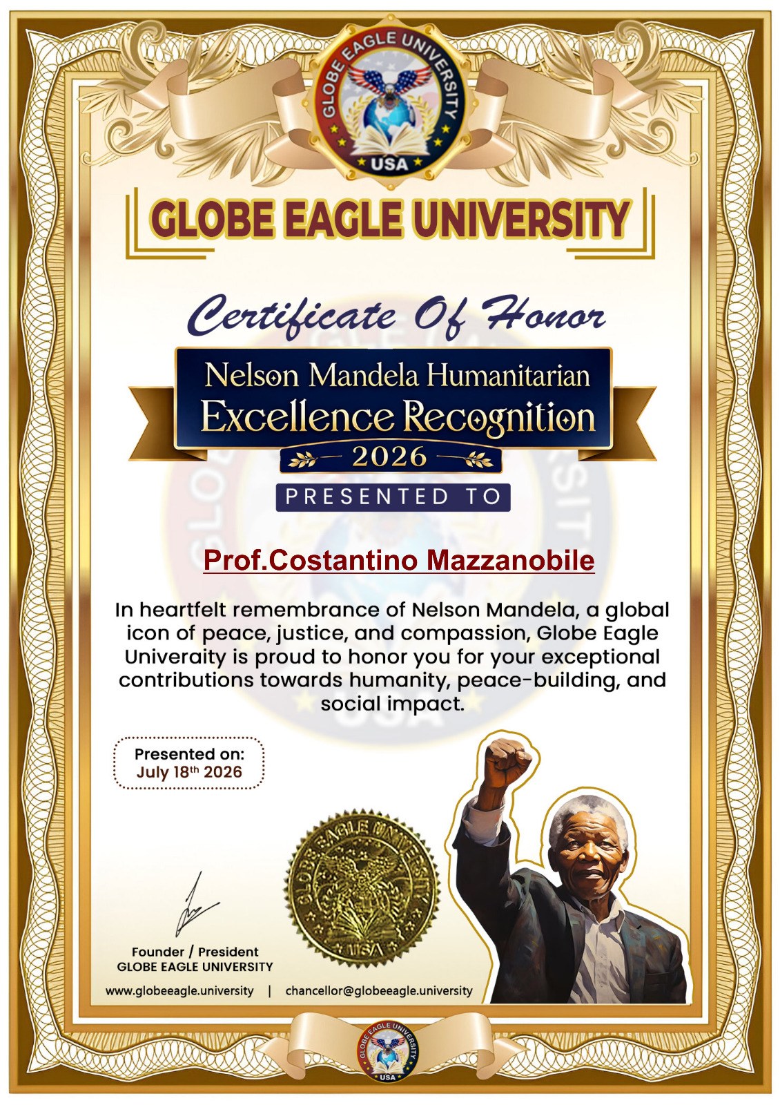 Nelson Mandela Humanitarian Excellence Recognition 2026 (come dichiarato dall'interessato)