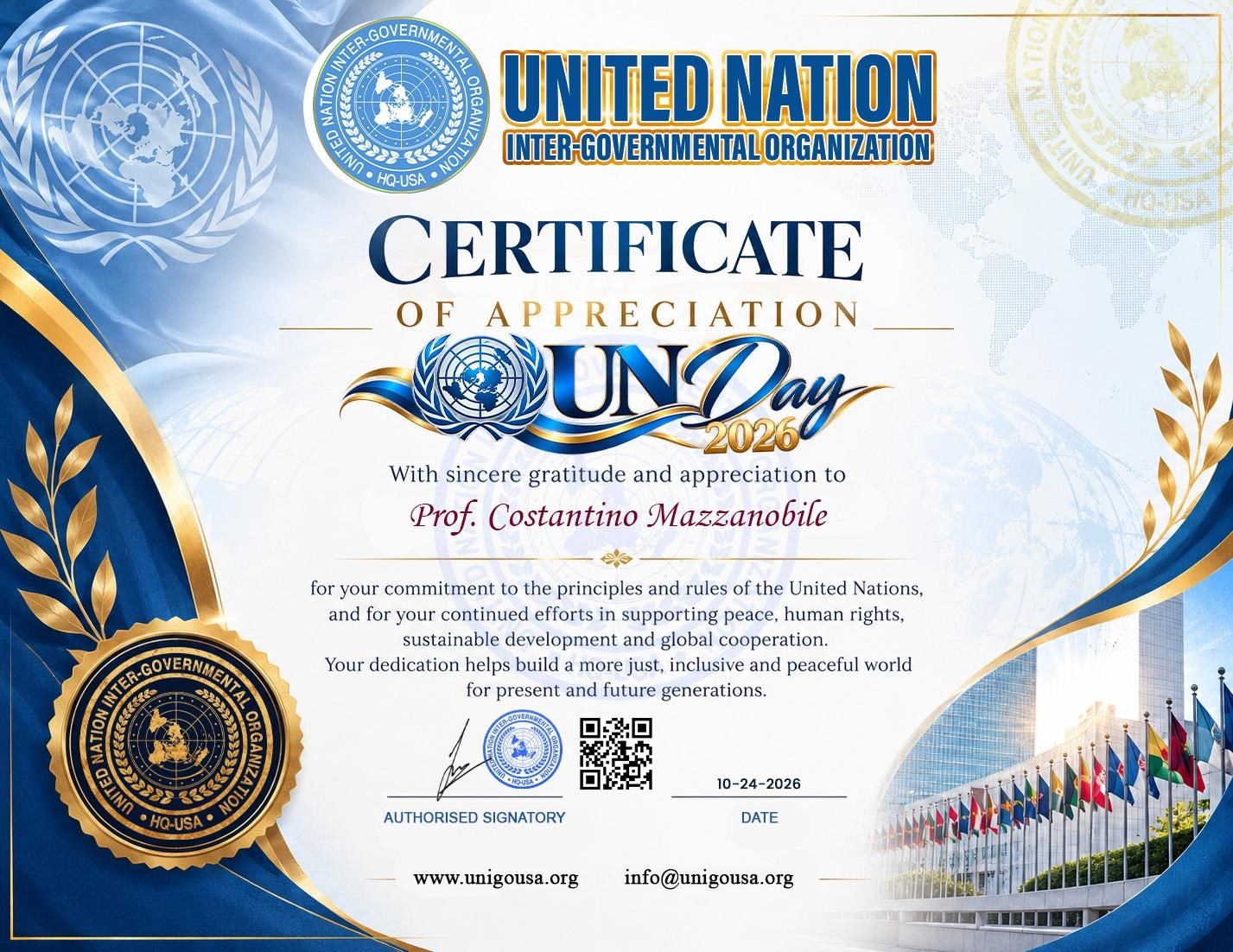 Certificate of Appreciation — UN Day 2026 (come dichiarato e documentato dall'interessato)