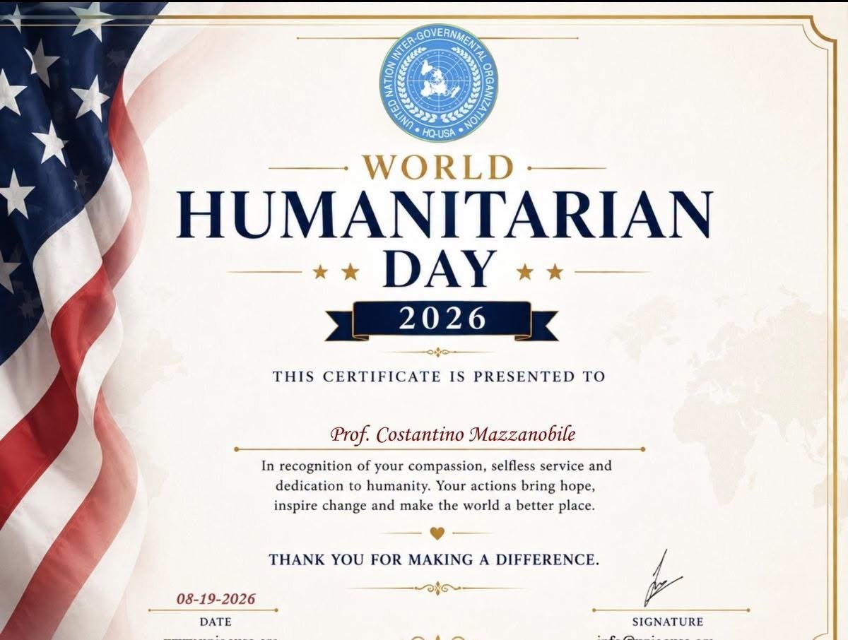 Certificate — World Humanitarian Day 2026 (come dichiarato e documentato dall'interessato)