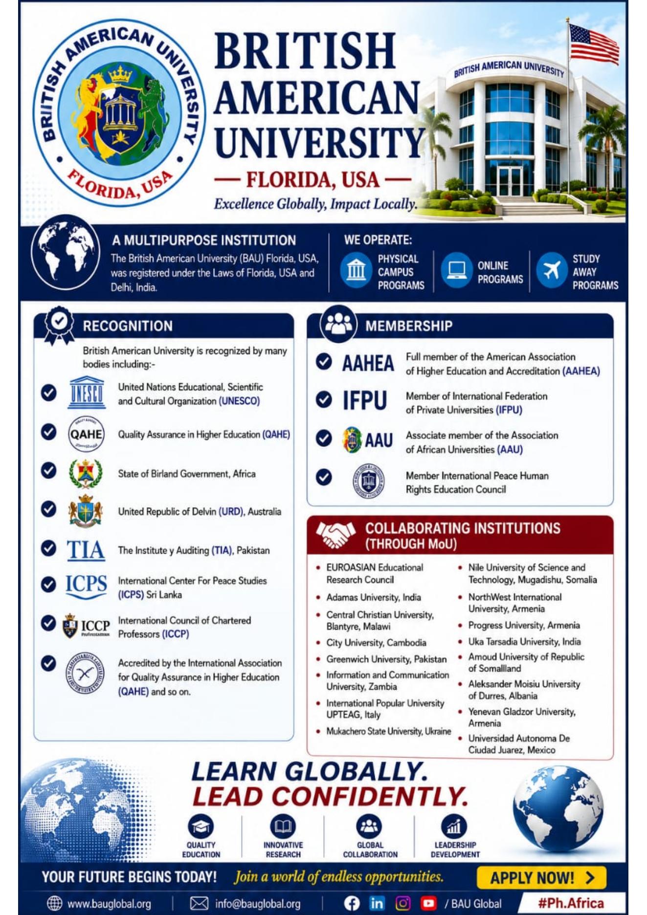 Locandina istituzionale British American University — Florida, USA (come dichiarato dall'interessato)