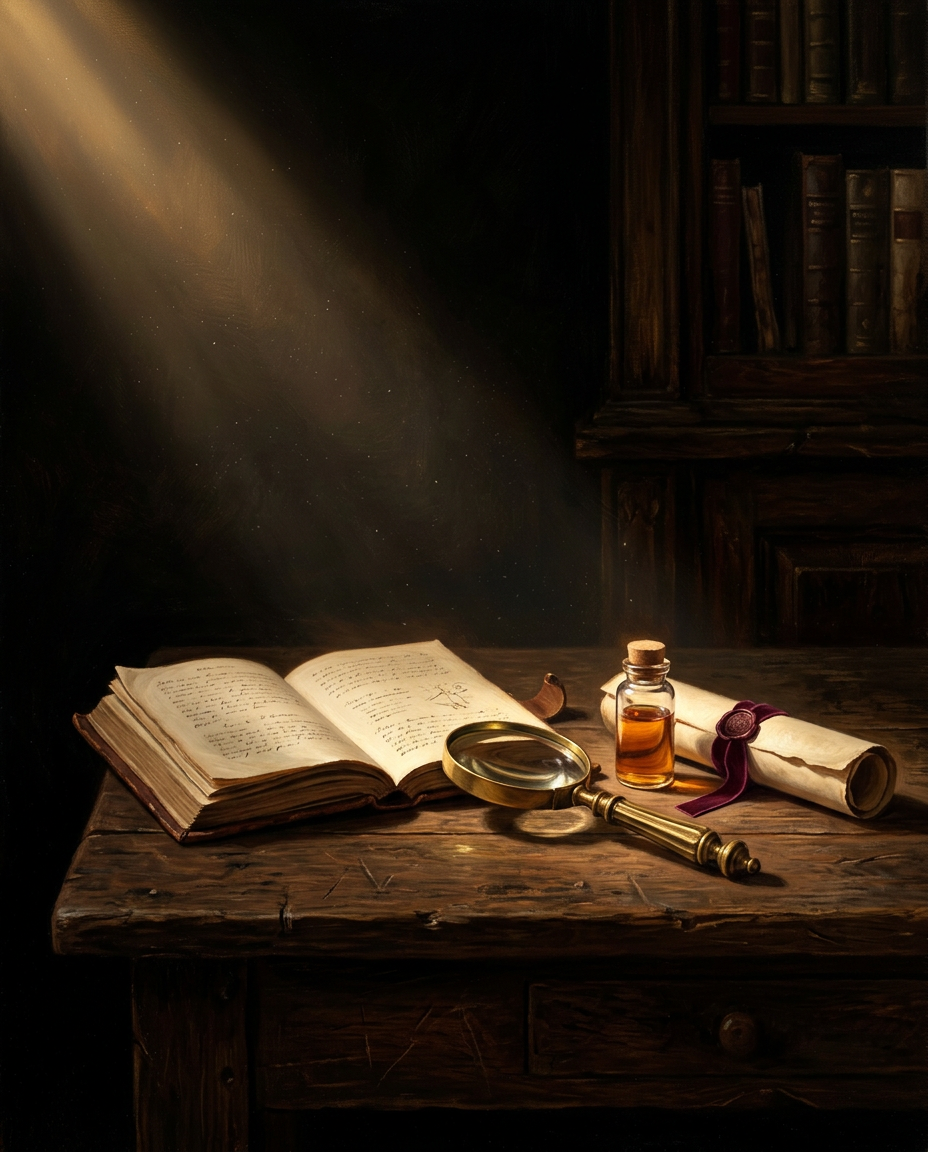 Ricerca e divulgazione: libro antico, lente e pergamena