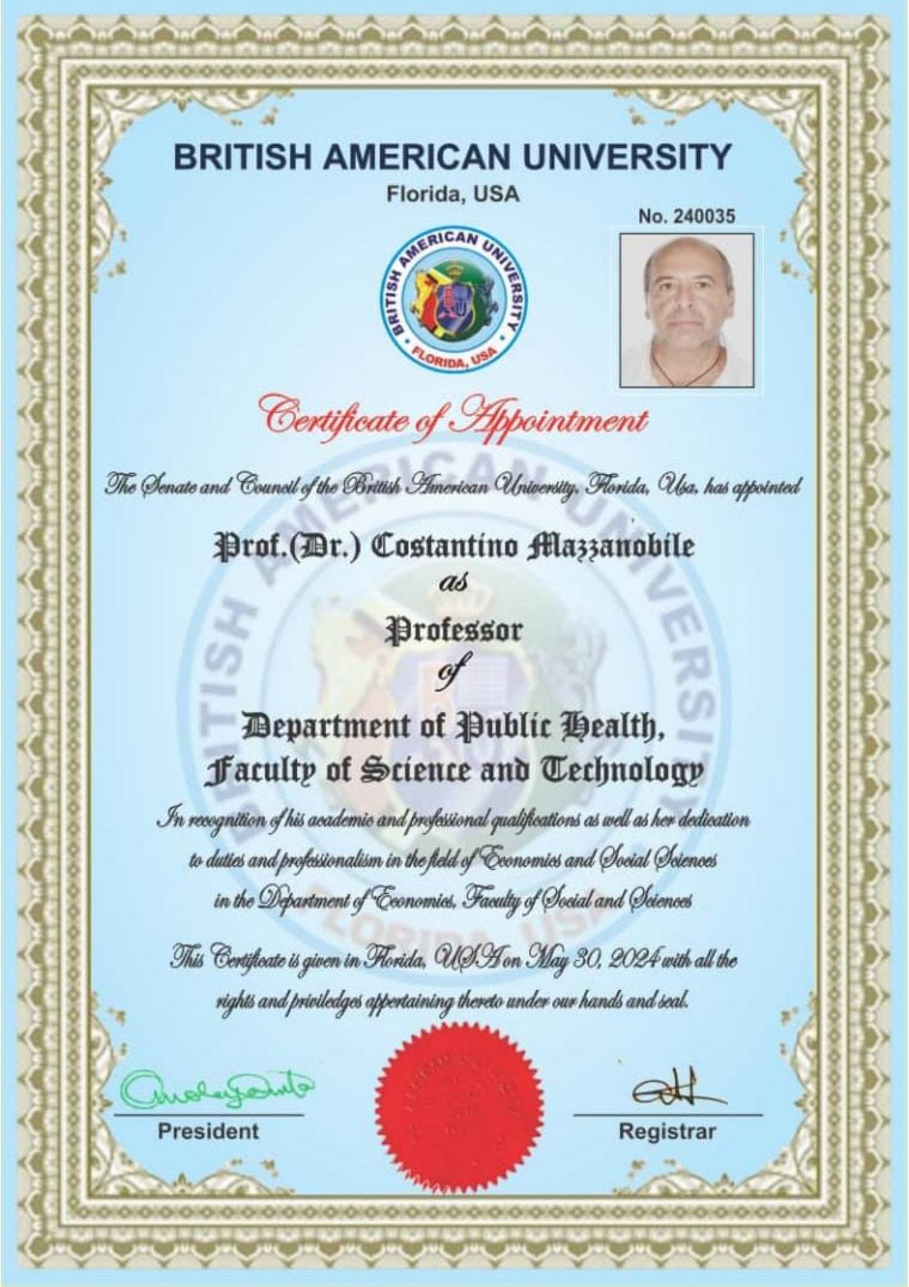 Certificate of Appointment — Professor of Public Health, British American University, Florida (USA).