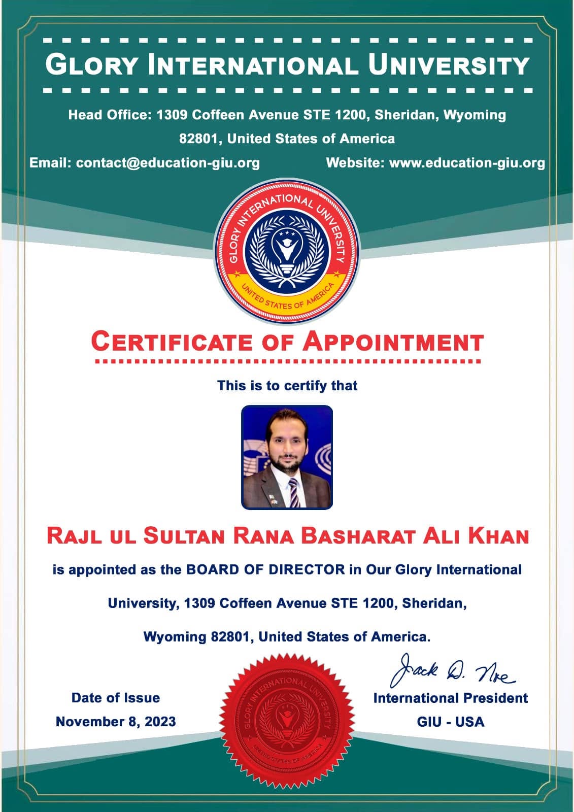 Certificate of Appointment — Rajl ul Sultan Rana Basharat Ali Khan, Board of Director (come dichiarato dall'interessato)