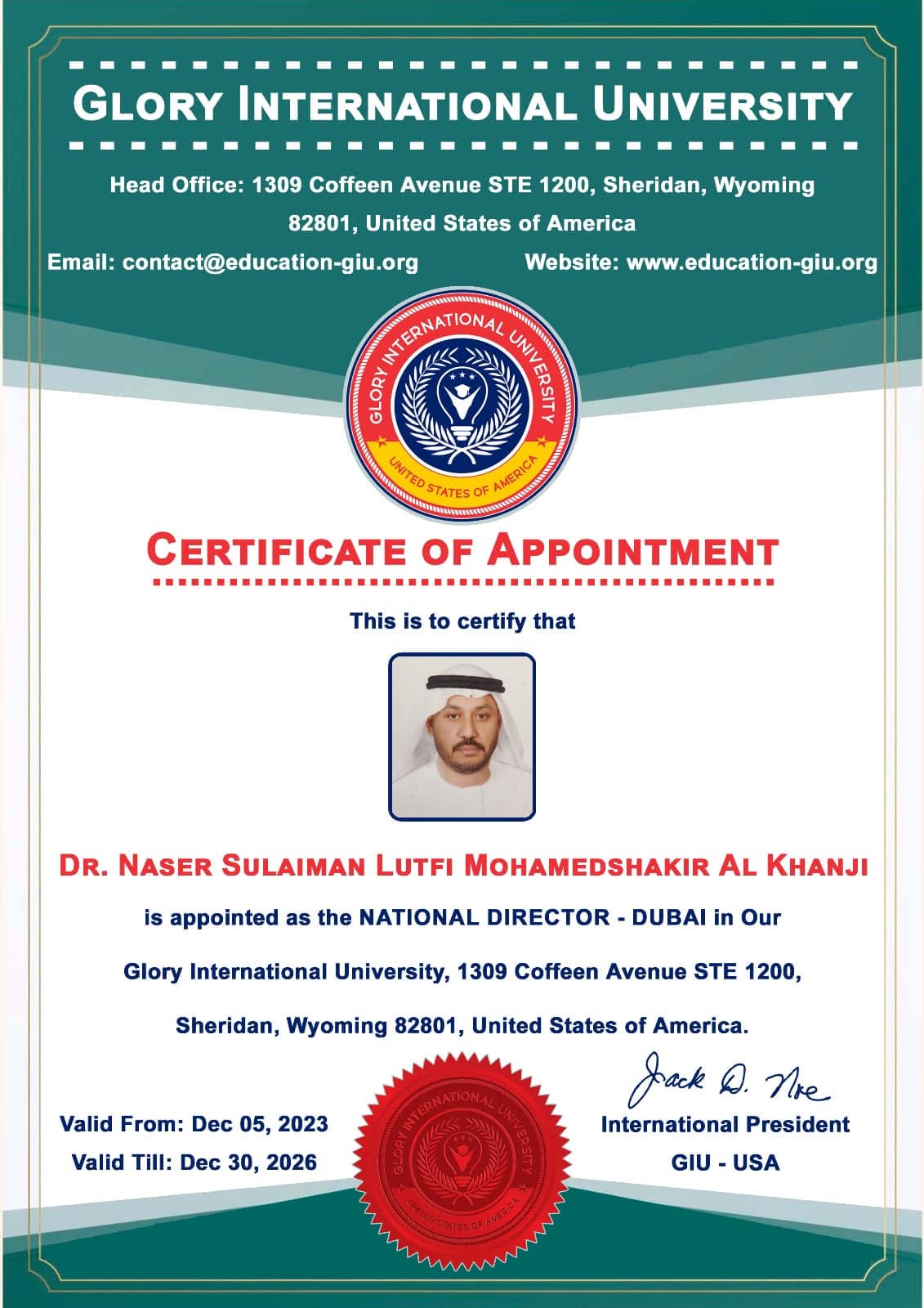 Certificate of Appointment — Dr. Naser Sulaiman Al Khanji, National Director Dubai (come dichiarato dall'interessato)